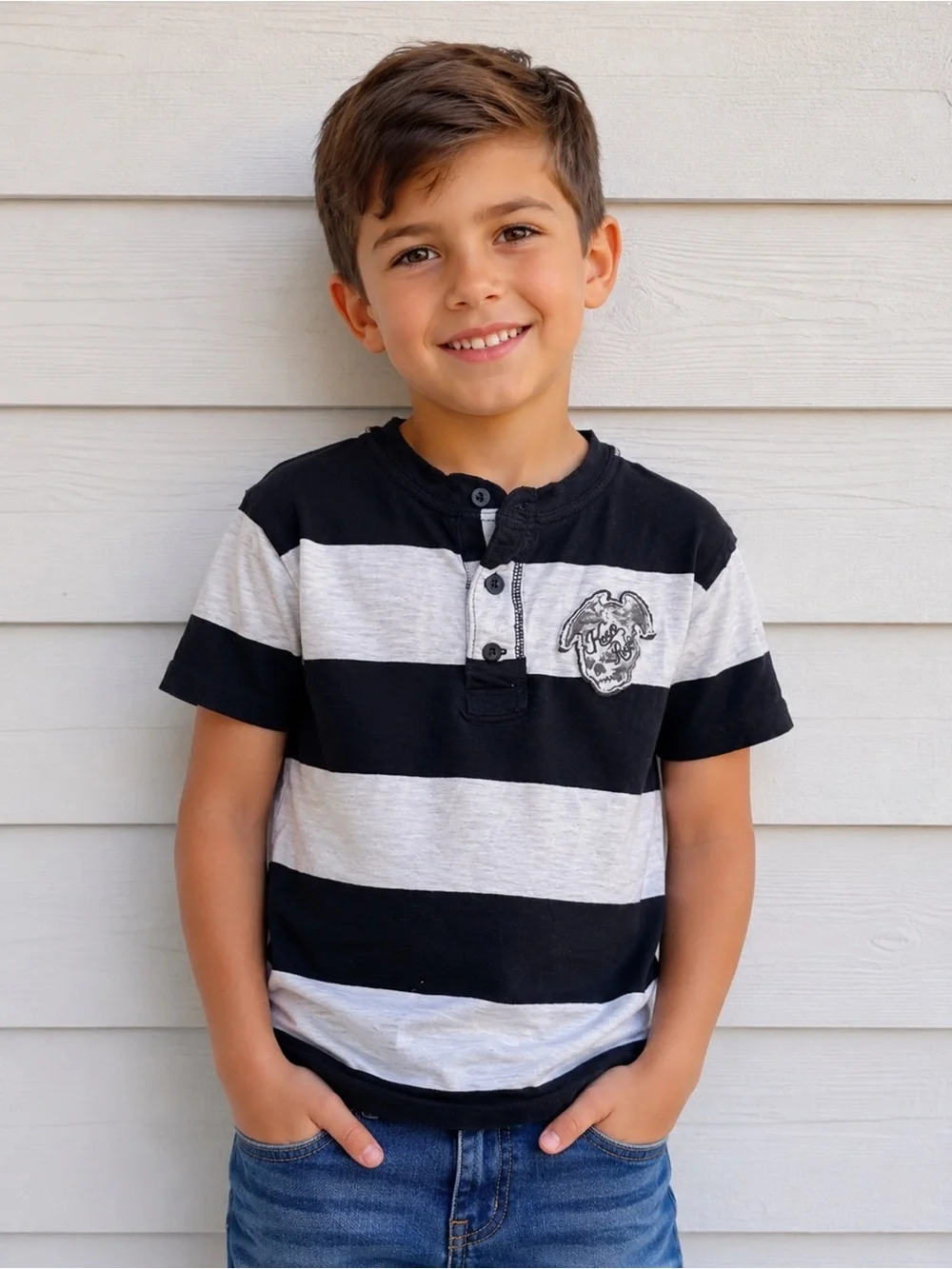 GAP Black & White Striped Henley Tee - Short Sleeve Kids